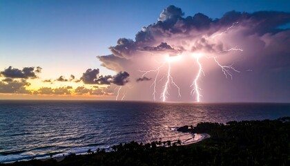 Dramatic sunset over the ocean with a powerful thunderstorm
