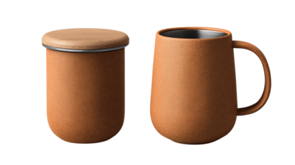 A premium vegan leather tea mug crafted for compact spaces, white background --ar 16:9