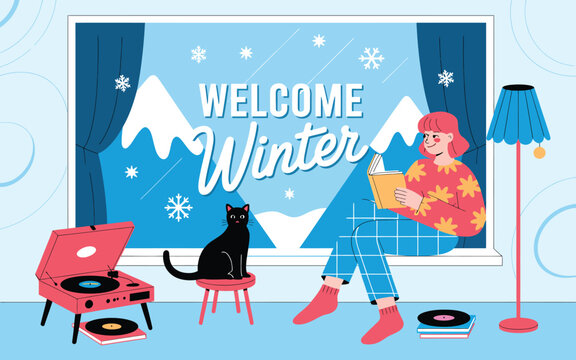 Adobe Illustrator winter scene: reader seated on windowsill in floral sweater and checkered pants, black cat by red retro record player, &lsquo;WELCOME Winter&rsquo; snowflake window display, soft blue tones.&rdquo;

