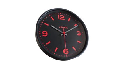 Modern Black Wall Clock with Red Numerals A Minimalist Timepiece for Home or Office Décor. Timekeeping and Decoration on transparent background 