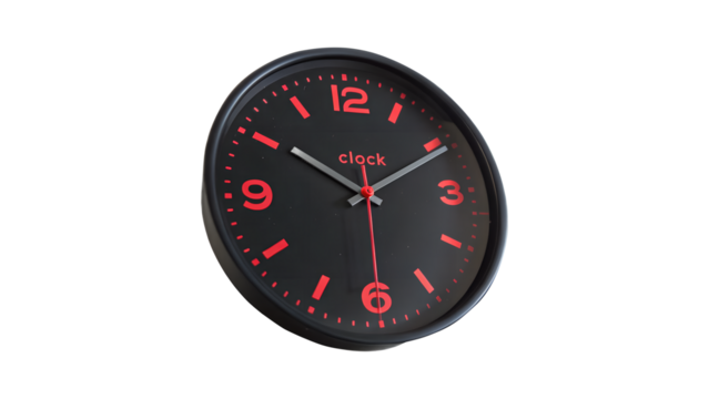 Modern Black Wall Clock with Red Numerals A Minimalist Timepiece for Home or Office Décor. Timekeeping and Decoration on transparent background 