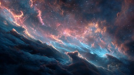 Ethereal cosmic scene with nebulae, stars, and otherworldly clouds evoking a sense of wonder and vastness of space.