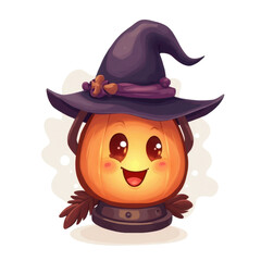 A delightful cartoon pumpkin wearing a witch hat radiates Halloween cheer with its charming smile and glowing light.
