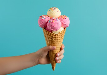 Deliciously Colorful Ice Cream Cone with Pink and Cream Scoops Handheld Against a Brightly Colored Background