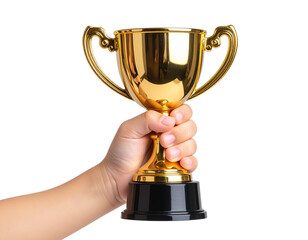  Child’s Hand Grasping Small Gold Trophy, Side View with Depth, Transparent Background