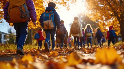 Diverse group of school children walking down tree-lined path with vibrant foliage and backpacks in autumn