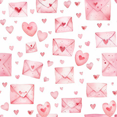 Seamless Watercolor Pattern with Valentine’s Love Letters and Envelopes