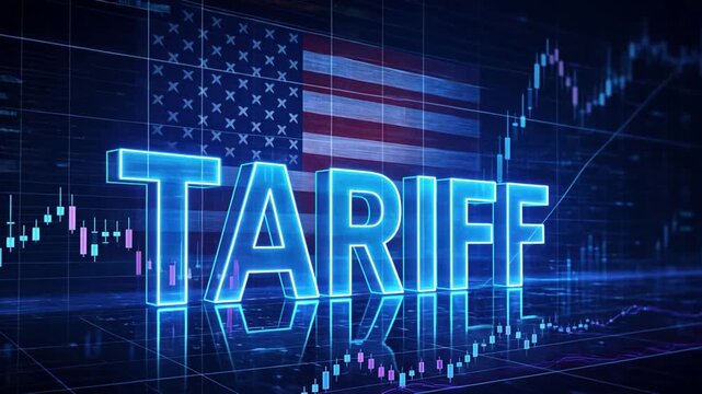 Glowing tariff letters float over flag and financial chart, showing trade impact, focus on import tax, export duty, and digital economic alert
