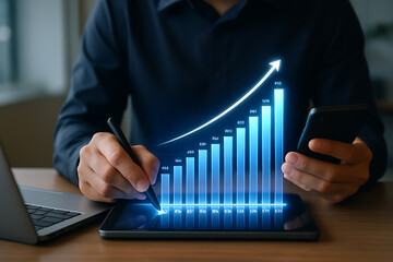 Digital Business Growth Analysis with Rising Bar Chart and Technology Innovation