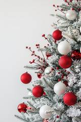 Close-up of Christmas tree with frosted branches and red berries. Holiday decor detail.  
