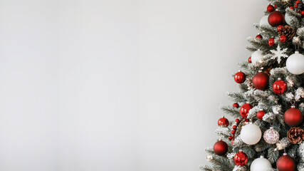 Frosted Christmas tree with red and white ornaments on light background. Minimal holiday concept.  
