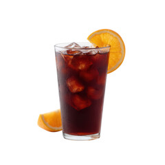Refreshing iced beverage with a slice of orange, served in a clear glass. Perfect for summer gatherings and outdoor parties.
