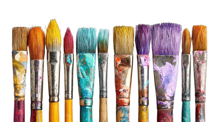 Row of colorful paintbrushes, various sizes and hues, with dried paint