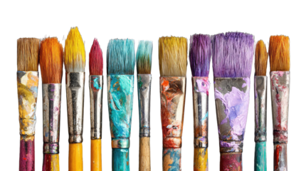 Row of colorful paintbrushes, various sizes and hues, with dried paint
