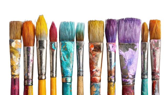Row of colorful paintbrushes, various sizes and hues, with dried paint