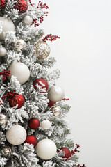 Luxurious Christmas tree with red and white ornaments and frosted branches. Holiday decor scene.  
