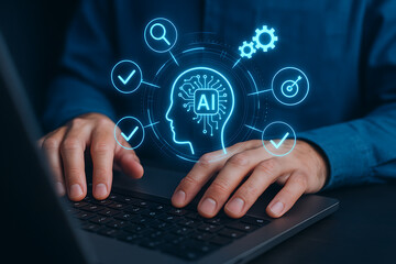 Digital AI Brain and Workflow Icons Above Laptop Keyboard
