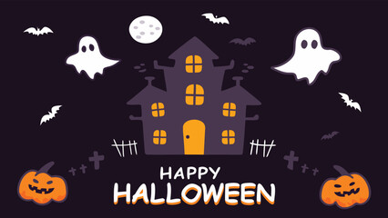 Halloween night scene with haunted house ghosts bats pumpkins and full moon in a dark purple background