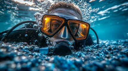 Diver immersed in stunning aquatic surroundings, surrounded by shimmering bubbles and vibrant ocean hues