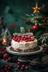 Christmas cake with cranberries and pine decor. Holiday dessert on festive table.  
