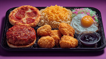 Unhealthy ultra-processed food. Vibrant meal tray featuring mini pepperoni pizza, cheesy noodles, fried egg, coleslaw, chicken nuggets, and hamburger patty with sauce