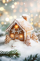 Gingerbread house decorated with icing and trees in snow. Christmas celebration concept.  
