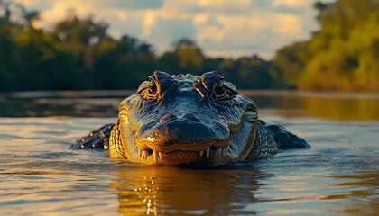 American alligator floating in water during golden sunset, head above surface with piercing eyes, dramatic lighting creates reflective glow on reptilian scales.