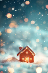  Small glowing gingerbread house in snow with magical bokeh. Christmas fantasy concept.  
