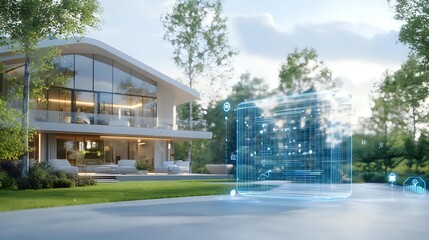 Modern luxury villa with holographic architectural blueprint projection in garden setting against natural forest background. Smart home technology concept.