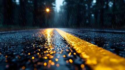 Dramatic wet asphalt road with yellow line markings reflecting street lights during heavy rain at dusk, creating atmospheric bokeh effect on dark surface.