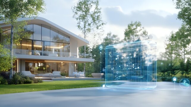 Modern luxury villa with holographic architectural blueprint projection in garden setting against natural forest background. Smart home technology concept.