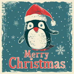 Cute cartoon penguin in Santa hat with “Merry Christmas” greeting. Holiday illustration concept.  