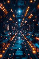  Futuristic sci-fi corridor with glowing orange and blue lights. Digital technology theme.  
