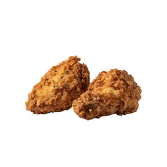 Two pieces of crispy, golden fried chicken on a white isolated background, showcasing the delicious texture and appeal of this classic comfort food.