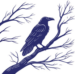 Black crow or raven perching on a winter tree branch, a silhouette illustration for nature and wildlife design