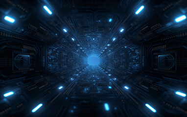 Futuristic glowing sci-fi tunnel with blue neon lights. Technology and innovation concept.  
