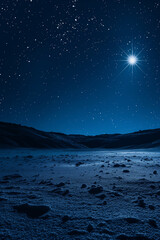 Bright star in starry night sky over snowy desert. Christmas nativity concept.  
