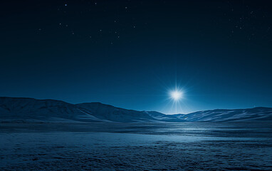  Radiant Christmas star above snowy mountain valley at night. Nativity theme.  

