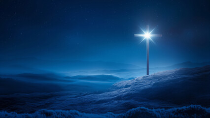 Glowing cross illuminated by Christmas star over snowy hills. Christian symbolism.  
