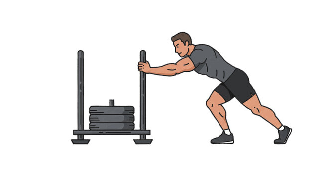 Sled push training with resistance, vector plain white background