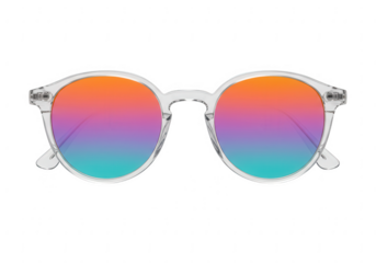 Stylish clear framed round sunglasses with vibrant gradient lenses isolated on transparent background