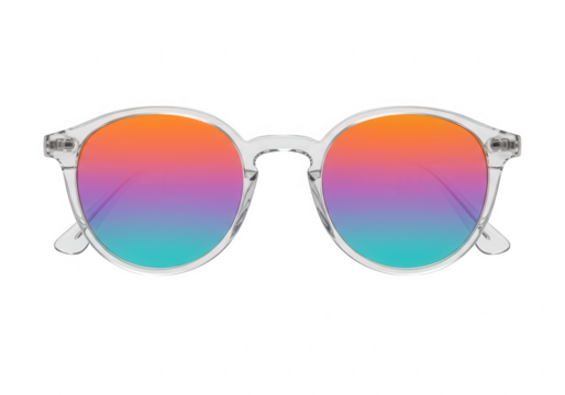 Stylish clear framed round sunglasses with vibrant gradient lenses isolated on transparent background
