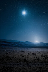 Bright star shining over desert landscape at night. Christmas nativity concept.  
