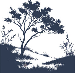 Bare tree silhouette in winter landscape