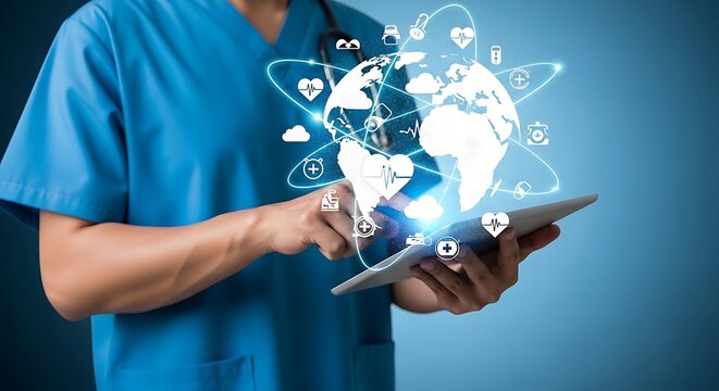 Global Healthcare Network Technology for Modern Medicine Solutions, Doctor using digital tablet for telehealth