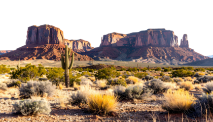 Wild West desert landscape, featuring majestic rocky plateaus rising from the ari terrainisolated on white background. Suitable for marketing or business purposes. PNG isolated on transparency 