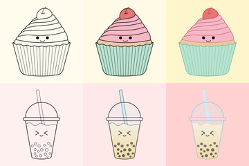 Cup Cake and Bubble Tea Clip Art, Line Art and Colored Versions, Vector, Coloring Pages