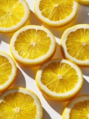 Fresh lemon slices arranged in flat lay on white background, showcasing their vibrant yellow color and juicy texture, perfect for culinary or decorative use