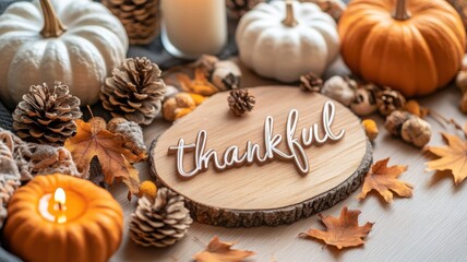 Elegant Thanksgiving table centerpiece with ivory candles, pumpkins, and maple leaves