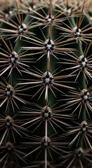 Extreme closeup of prickly cactus, revealing its intricate pattern of sharp thorns against dark green background